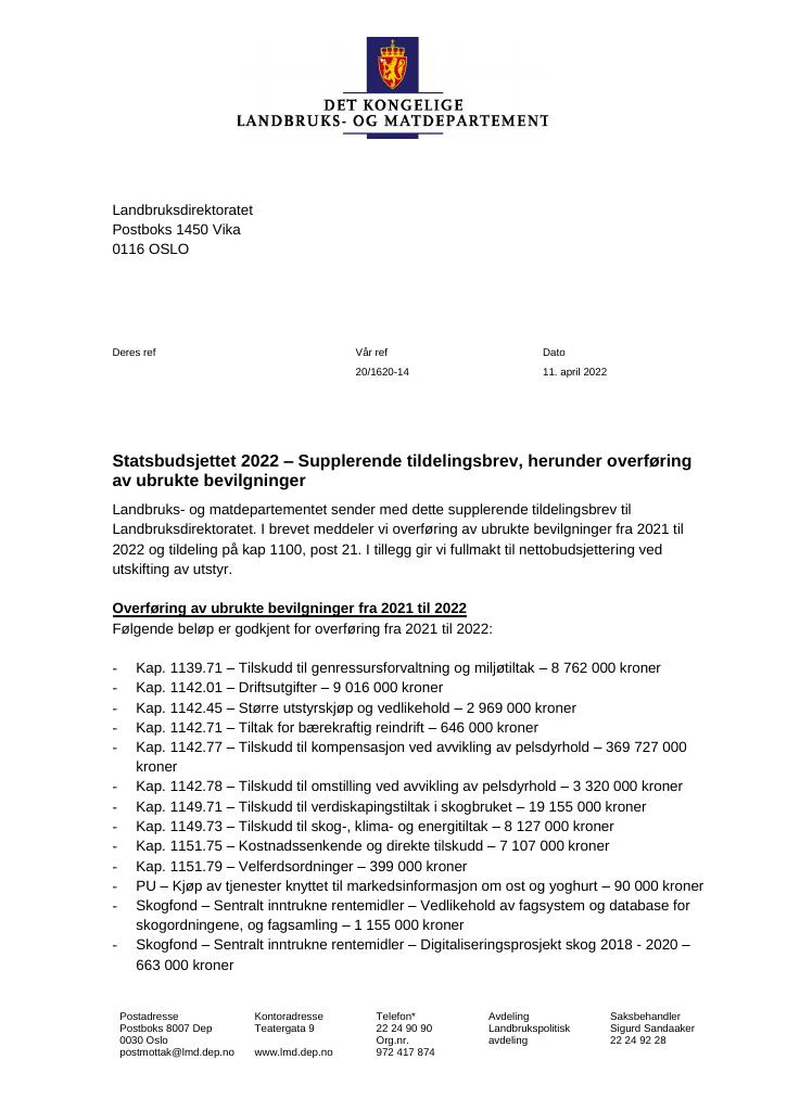 Forsiden av dokumentet Tildelingsbrev Landbruksdirektoratet 2022 - tillegg