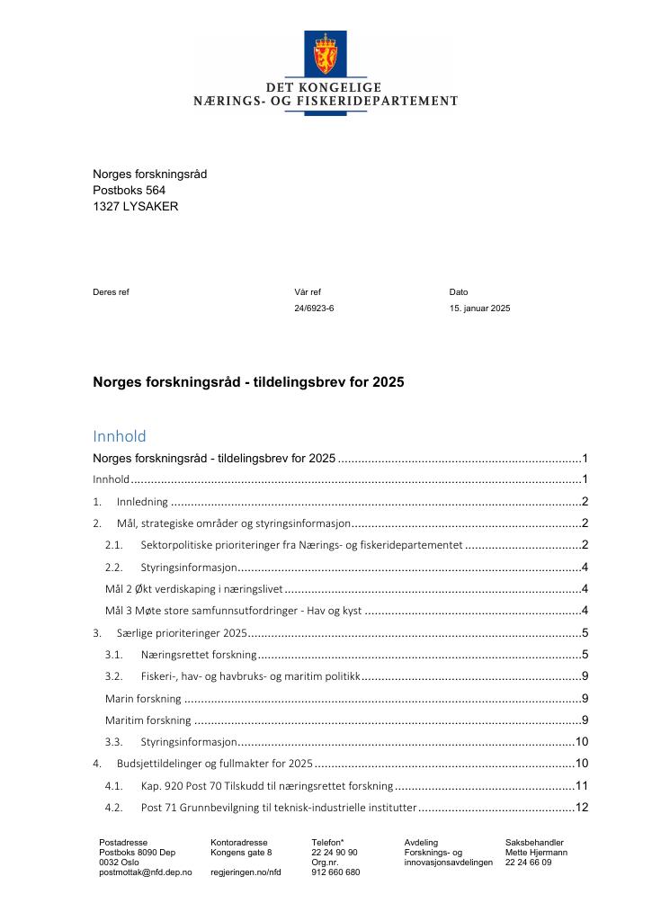 Forsiden av dokumentet Tildelingsbrev Norges forskningsråd 2025