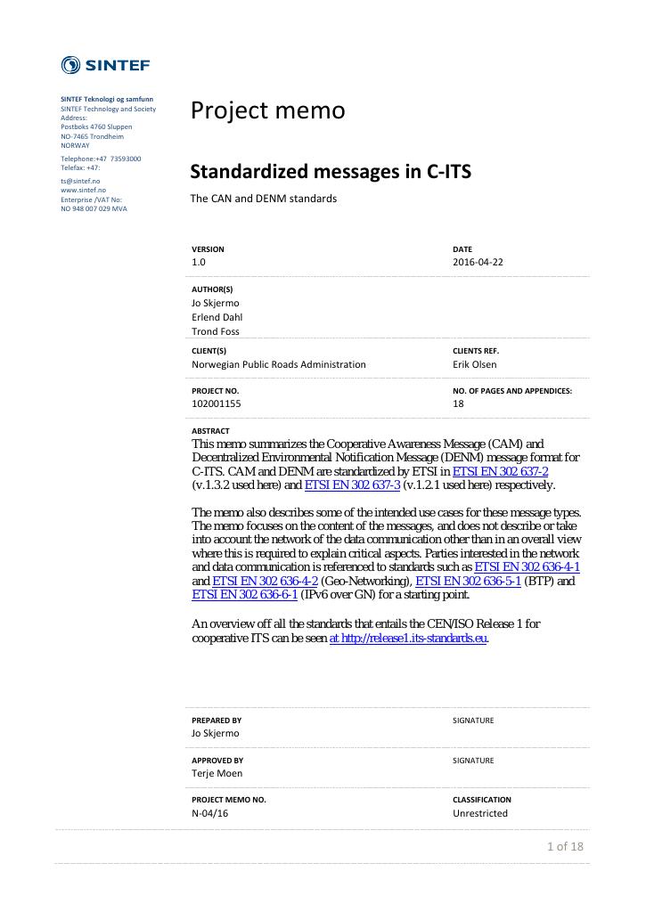 Forsiden av dokumentet Standardized messages in C-ITS
