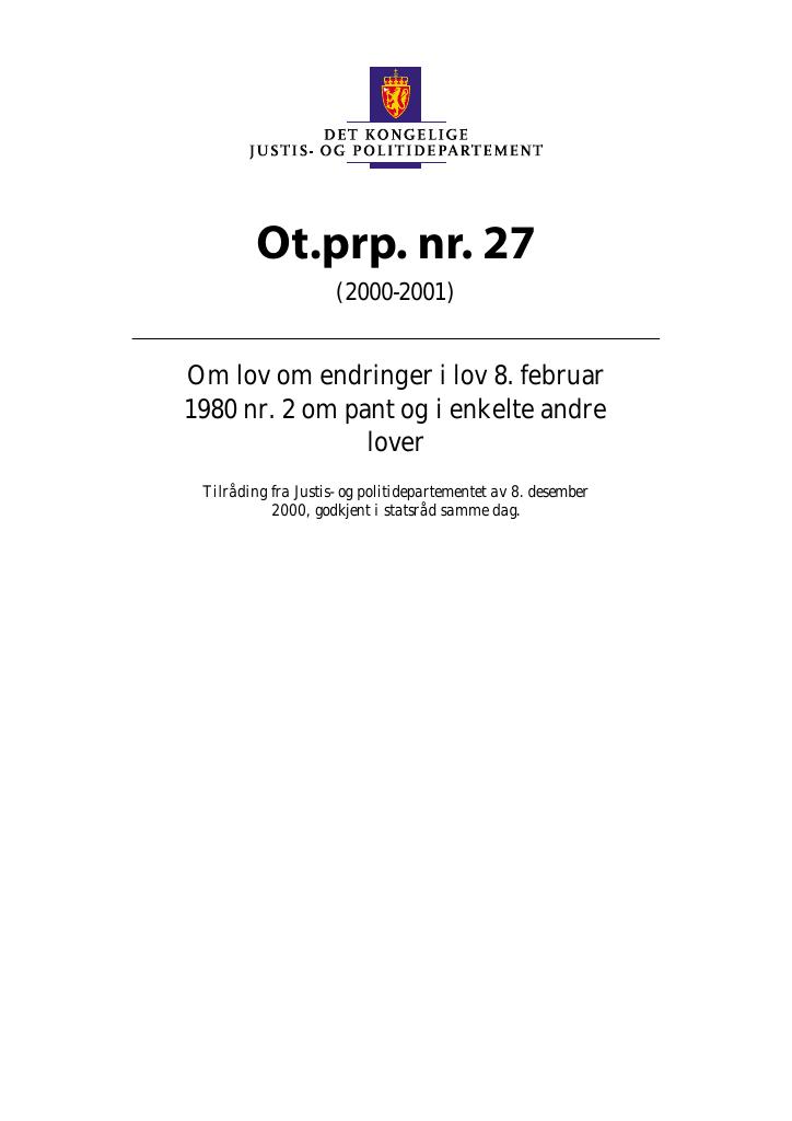 Forsiden av dokumentet Ot.prp. nr. 27 (2000-2001)