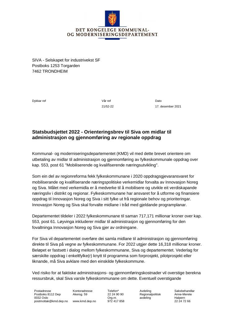 Forsiden av dokumentet Orienteringsbrev til Siva 2022