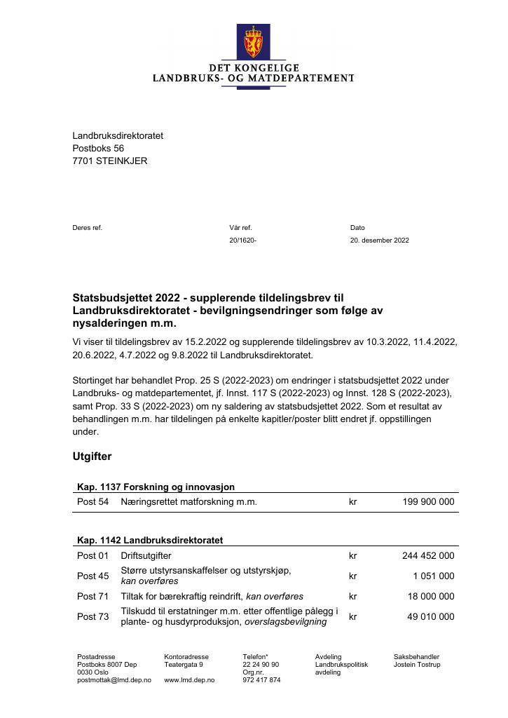 Tildelingsbrev Landbruksdirektoratet 2022 - Tillegg Nr. 6 - Kudos