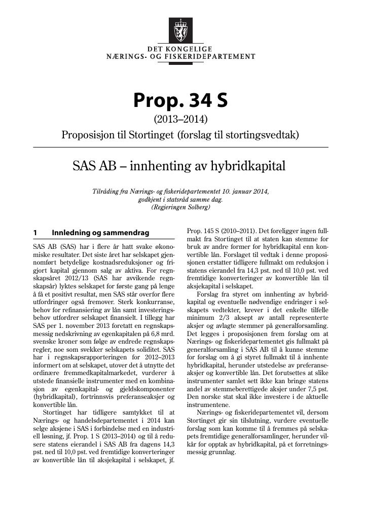 Forsiden av dokumentet Prop. 34 S (2013–2014)