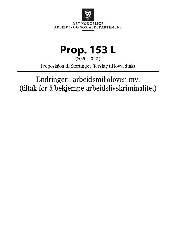 Forsiden av dokumentet Prop. 153 L (2020–2021)