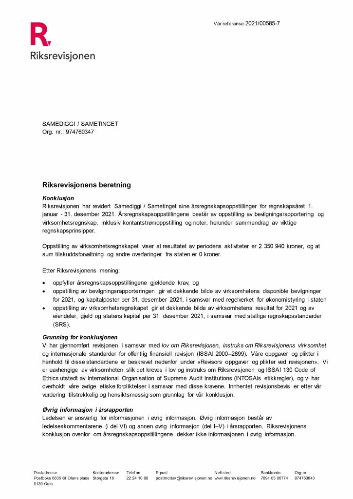 Forsiden av dokumentet Revisjonsberetning.pdf 2021