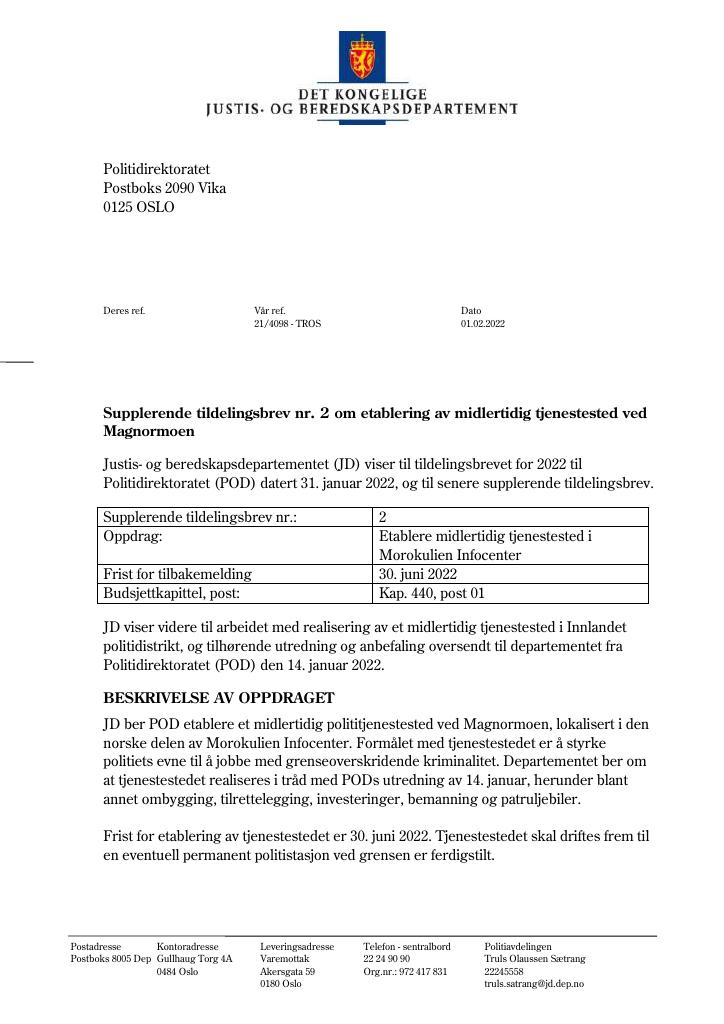 Forsiden av dokumentet Tildelingsbrev Politidirektoratet 2022 - tillegg nr. 2