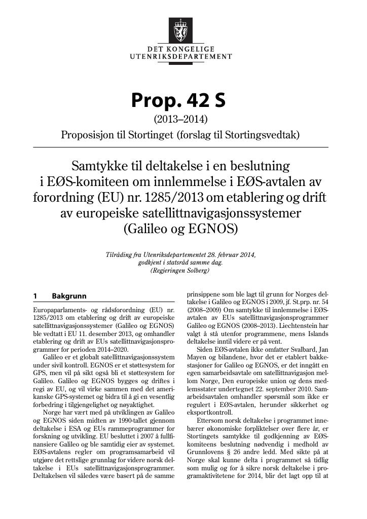 Forsiden av dokumentet Prop. 42 S  (2013–2014)