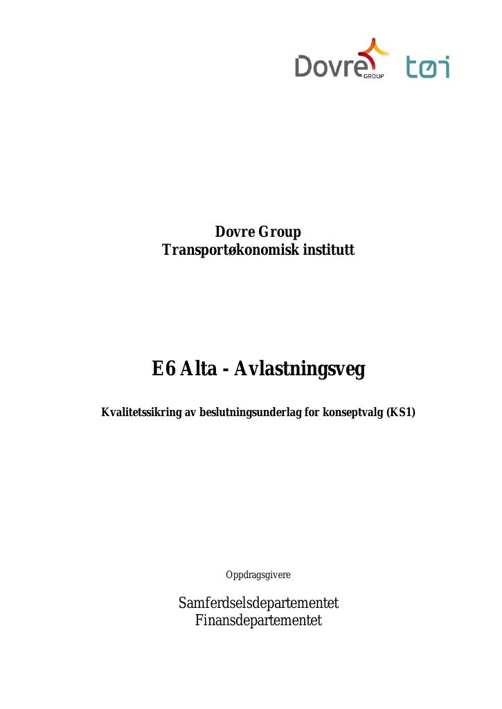 Forsiden av dokumentet Kvalitetssikring av konseptvalg (KS1) for E6 Alta - Avlastningsveg