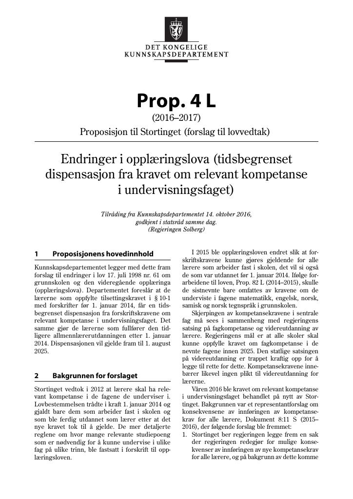 Forsiden av dokumentet Prop. 4 L (2016–2017)