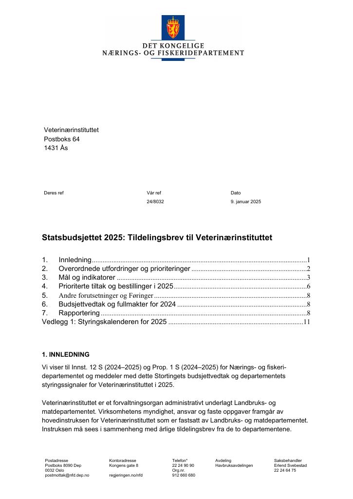 Forsiden av dokumentet Tildelingsbrev Veterinærinstituttet 2025