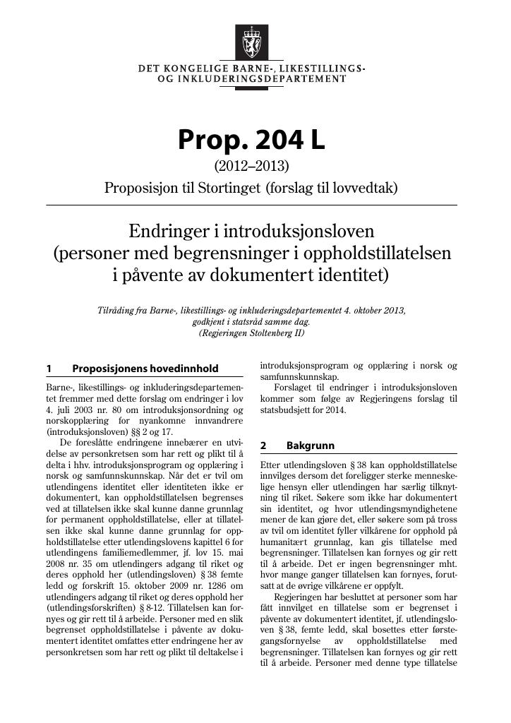 Forsiden av dokumentet Prop. 204 L (2012–2013)