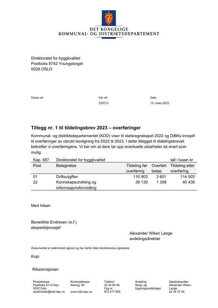 Tildelingsbrev Direktoratet For Byggkvalitet 2023 - Tillegg Nr. 1 - Kudos