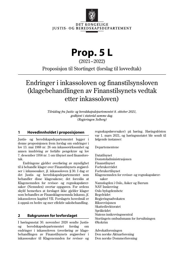 Forsiden av dokumentet Prop. 5 L (2021–2022)