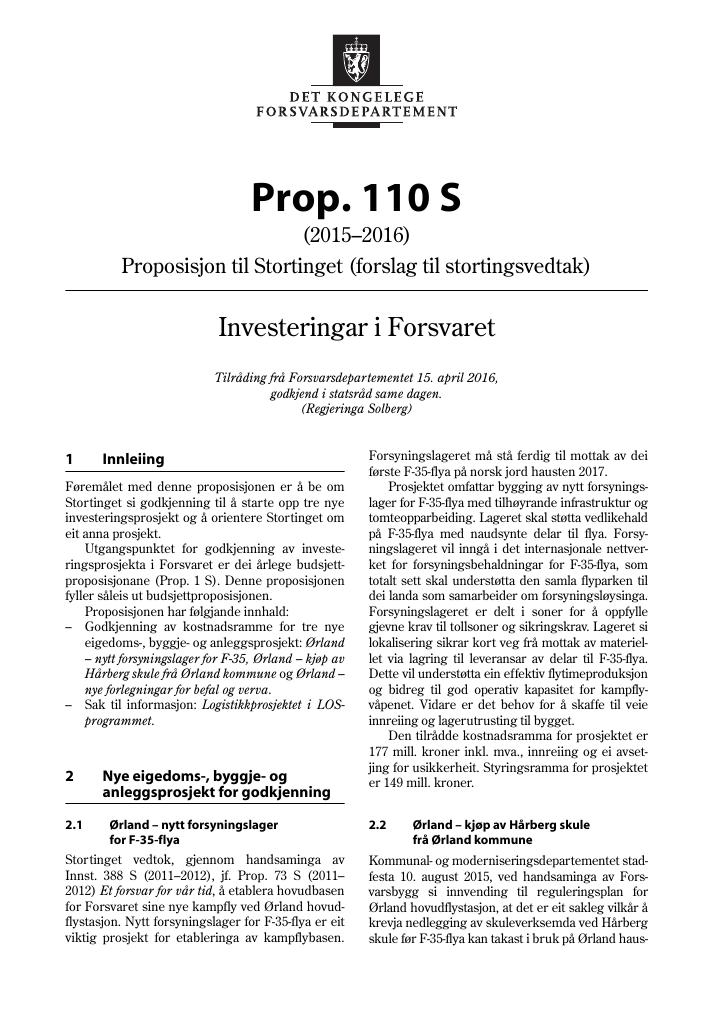 Forsiden av dokumentet Prop. 110 S (2015–2016)