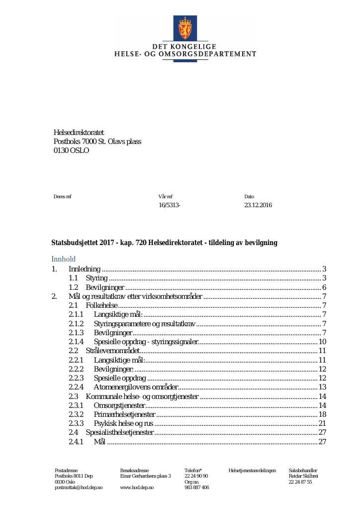 Forsiden av dokumentet Tildelingsbrev (pdf)