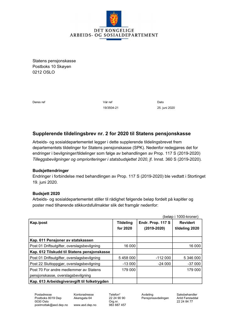 Forsiden av dokumentet Tildelingsbrev Statens pensjonskasse 2020 - tillegg nr. 2