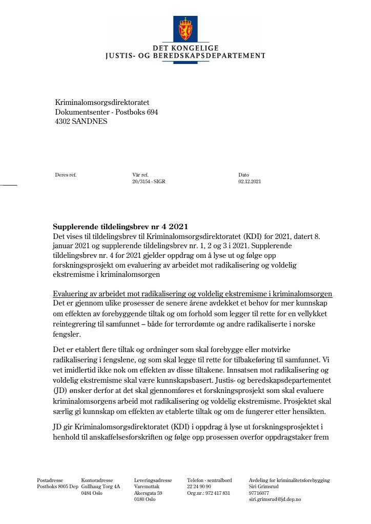 Forsiden av dokumentet Tildelingsbrev Kriminalomsorgsdirektoratet 2021 - tillegg nr. 4