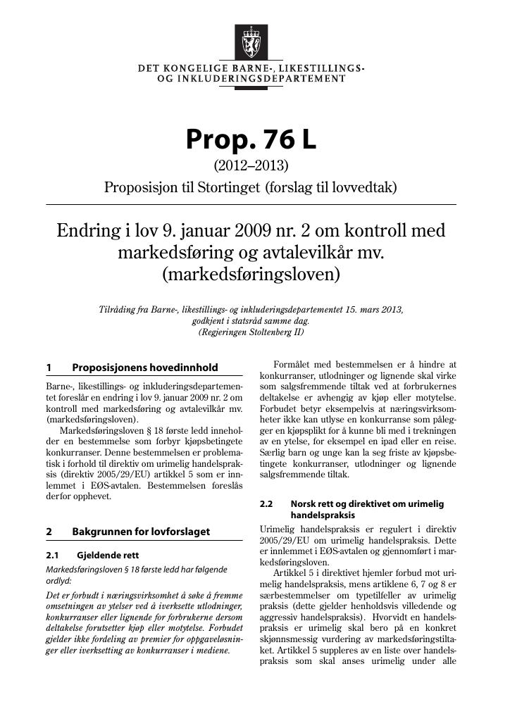 Forsiden av dokumentet Prop. 76 L (2012–2013)