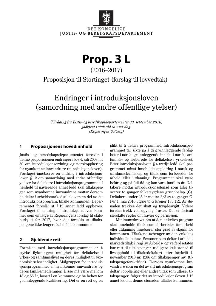 Forsiden av dokumentet Prop. 3 L (2016–2017)