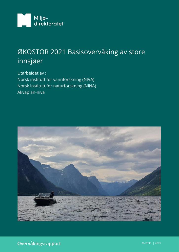 Forsiden av dokumentet ØKOSTOR 2021: Basisovervåking av store innsjøer. Utprøving av metodikk for overvåking og klassifisering av økologisk tilstand i henhold til vannforskriften : surveillance monitoring of large norwegian lakes 2020. Testing of methodology for monitoring and classification of ecological status according to the Water Framework Directive