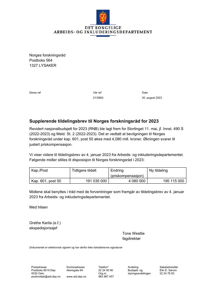 Forsiden av dokumentet supplerende tildelingsbrev nr.1 (pdf) 2023