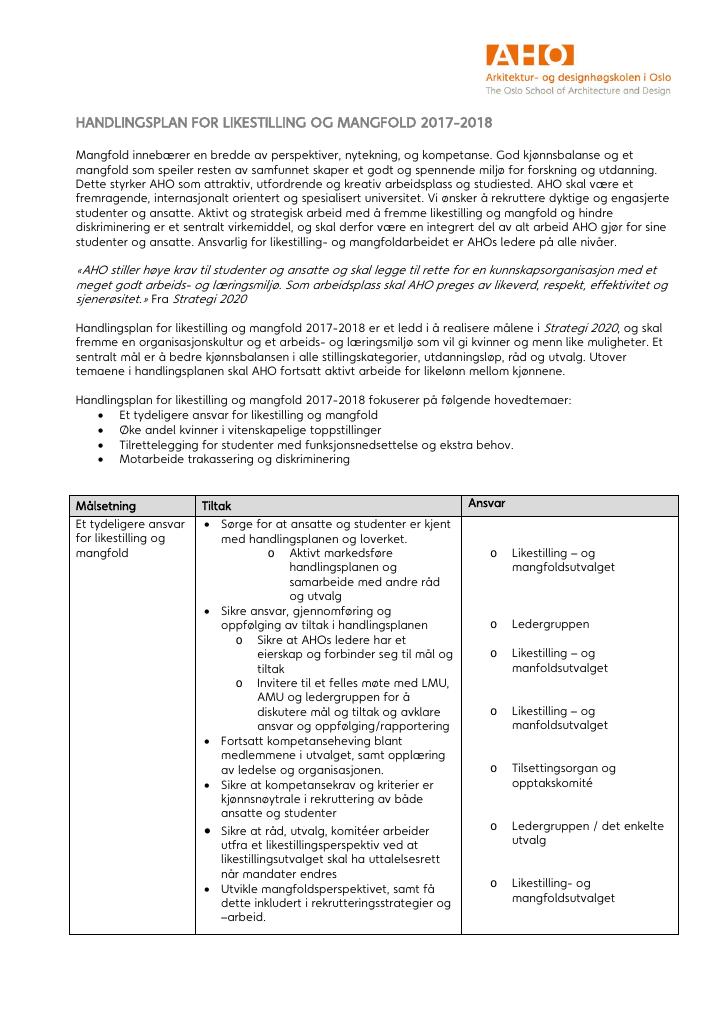 Forsiden av dokumentet HANDLINGSPLAN FOR LIKESTILLING OG MANGFOLD 2017-2018