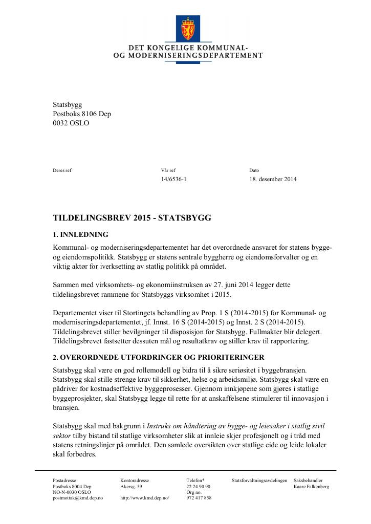 Forsiden av dokumentet Tildelingsbrev (pdf)