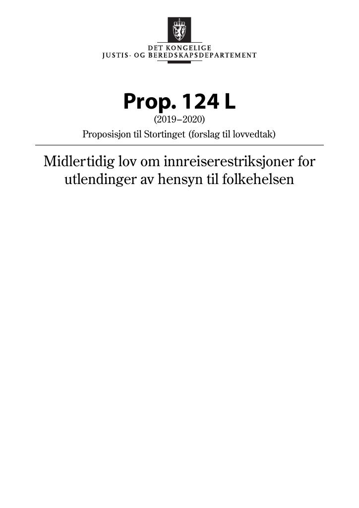 Forsiden av dokumentet Prop. 124 L (2019–2020)