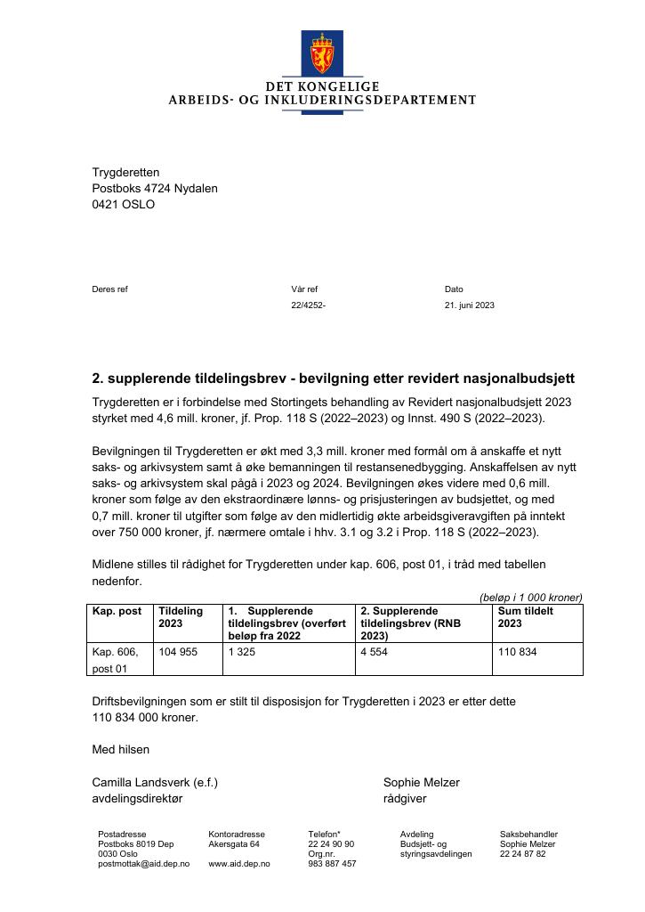 Forsiden av dokumentet Tildelingsbrev Trygderetten 2023 - tillegg nr. 2