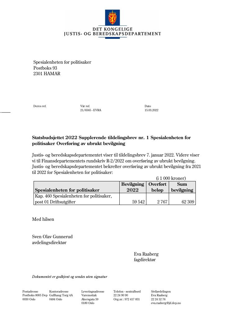 Forsiden av dokumentet Tildelingsbrev Spesialenheten for politisaker 2022 - tillegg nr. 1