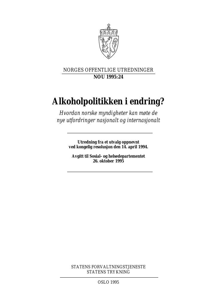 Forsiden av dokumentet NOU 1995: 24 - Alkoholpolitikken i endring?