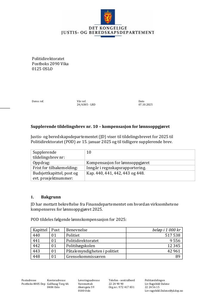 Forsiden av dokumentet Tildelingsbrev Politiet 2025 - tillegg nr. 10