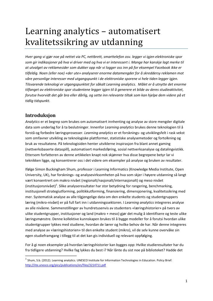Forsiden av dokumentet Learning analytics – automatisert kvalitetssikring av utdanning