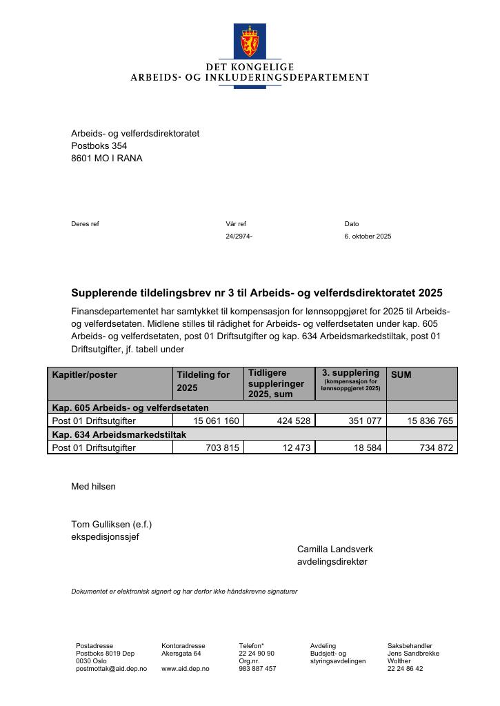 Forsiden av dokumentet Tildelingsbrev Arbeids- og velferdsdirektoratet 2025 - tillegg nr. 3