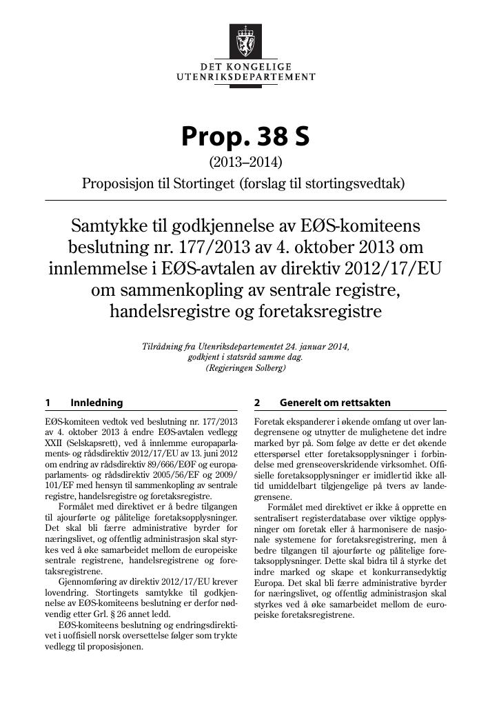 Forsiden av dokumentet Prop. 38 S (2013–2014)