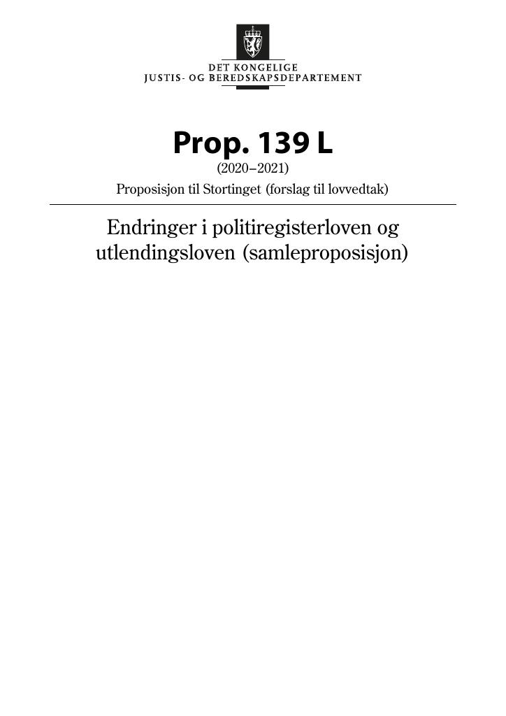 Forsiden av dokumentet Prop. 139 L (2020–2021)