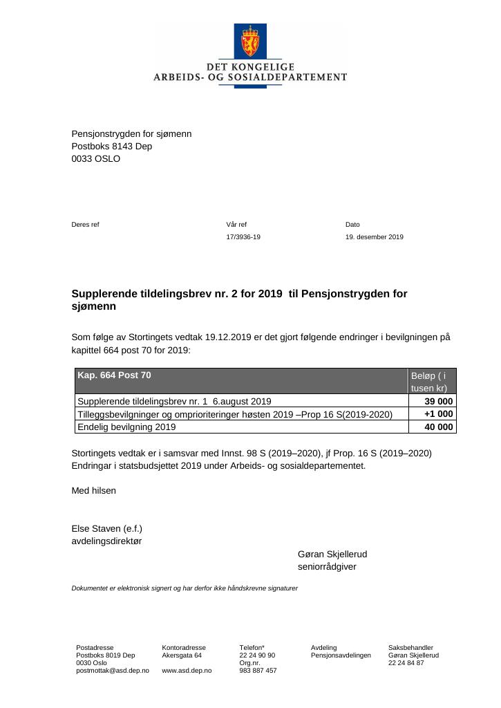 Forsiden av dokumentet Tildelingsbrev Maritim pensjonskasse 2019 - tillegg nr. 2