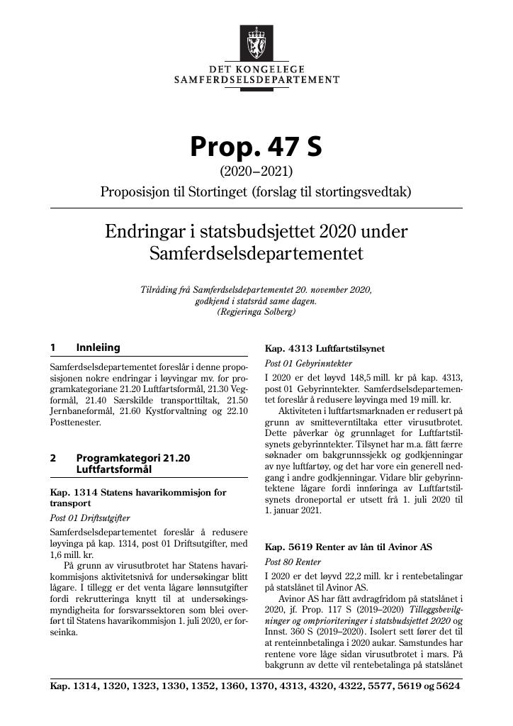 Forsiden av dokumentet Prop. 47 S (2020–2021)