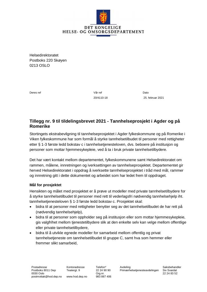 Forsiden av dokumentet Tildelingsbrev Helsedirektoratet 2021 - tillegg nr. 9
