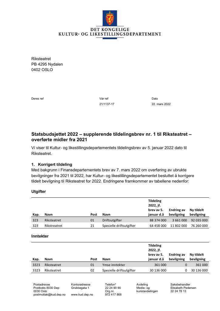 Forsiden av dokumentet Tildelingsbrev Riksteatret 2022 - tillegg nr. 1