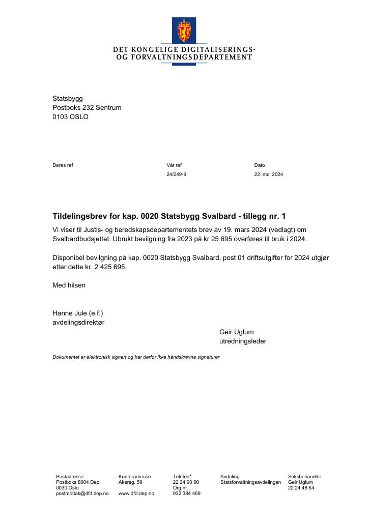 Forsiden av dokumentet Tildelingsbrev Statsbygg Svalbard 2024 - tillegg nr. 1