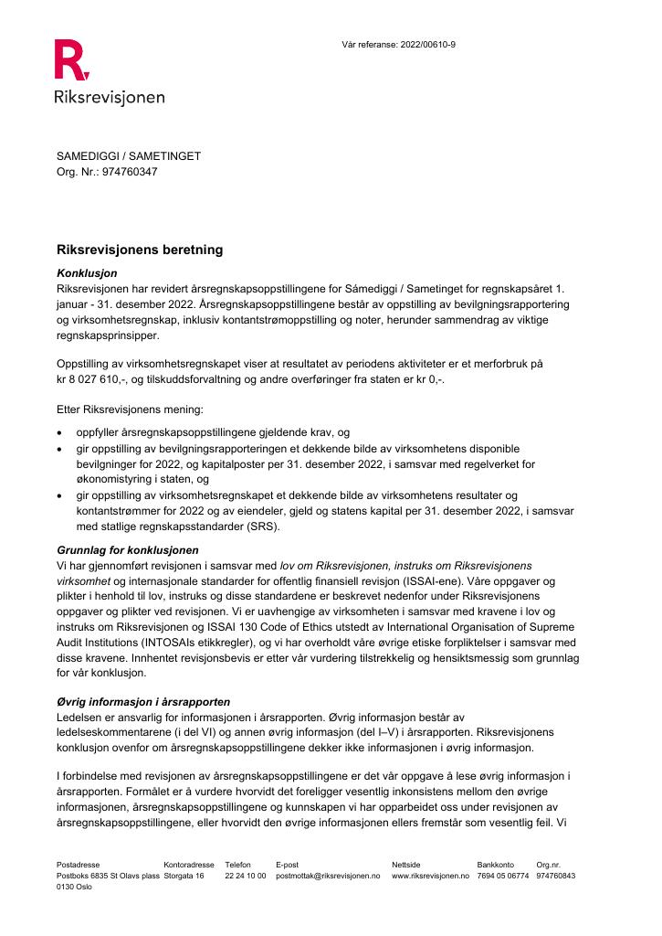 Forsiden av dokumentet Revisjonsberetning Sametinget 2022
