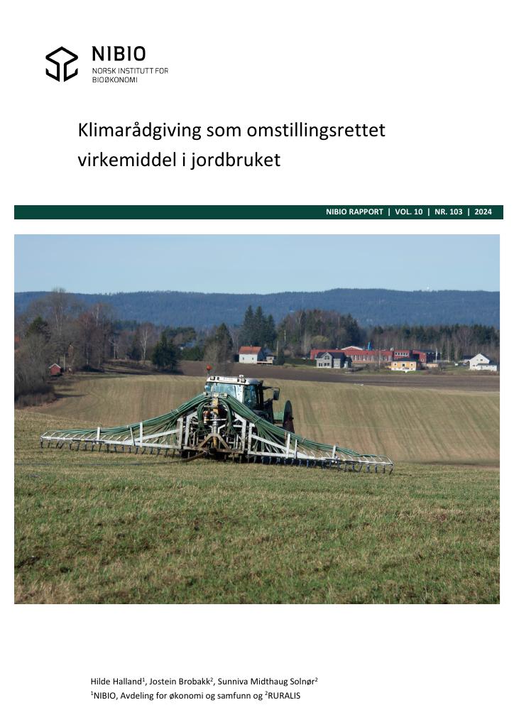 Forsiden av dokumentet Klimarådgiving som omstillingsrettet virkemiddel i jordbruket