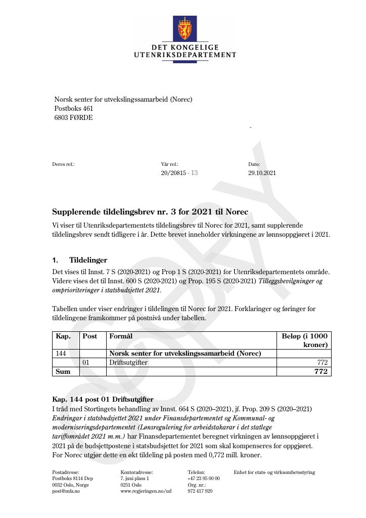 Forsiden av dokumentet Tildelingsbrev Norec 2021- tillegg nr. 3