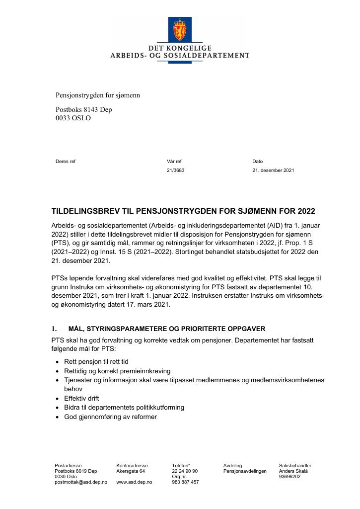 Forsiden av dokumentet Tildelingsbrev Pensjonstrygden for sjømenn 2022