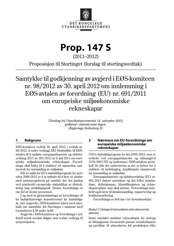 Forsiden av dokumentet Prop. 147 S (2011–2012)