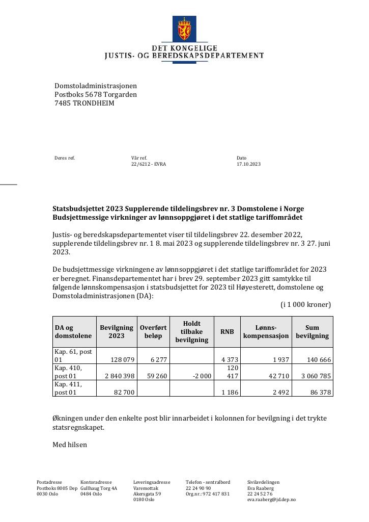 Forsiden av dokumentet Tildelingsbrev Domstoladministrasjonen 2023 - tillegg nr. 3