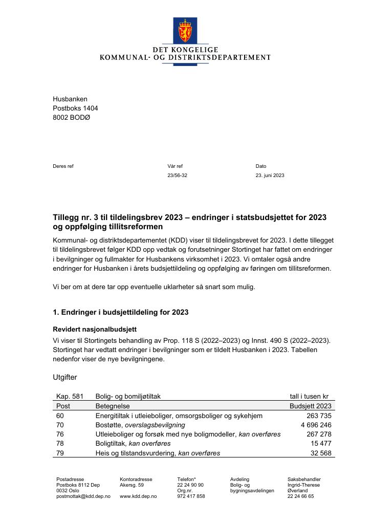 Forsiden av dokumentet Tillegg nr. 3 til Husbanken 2023 (pdf)