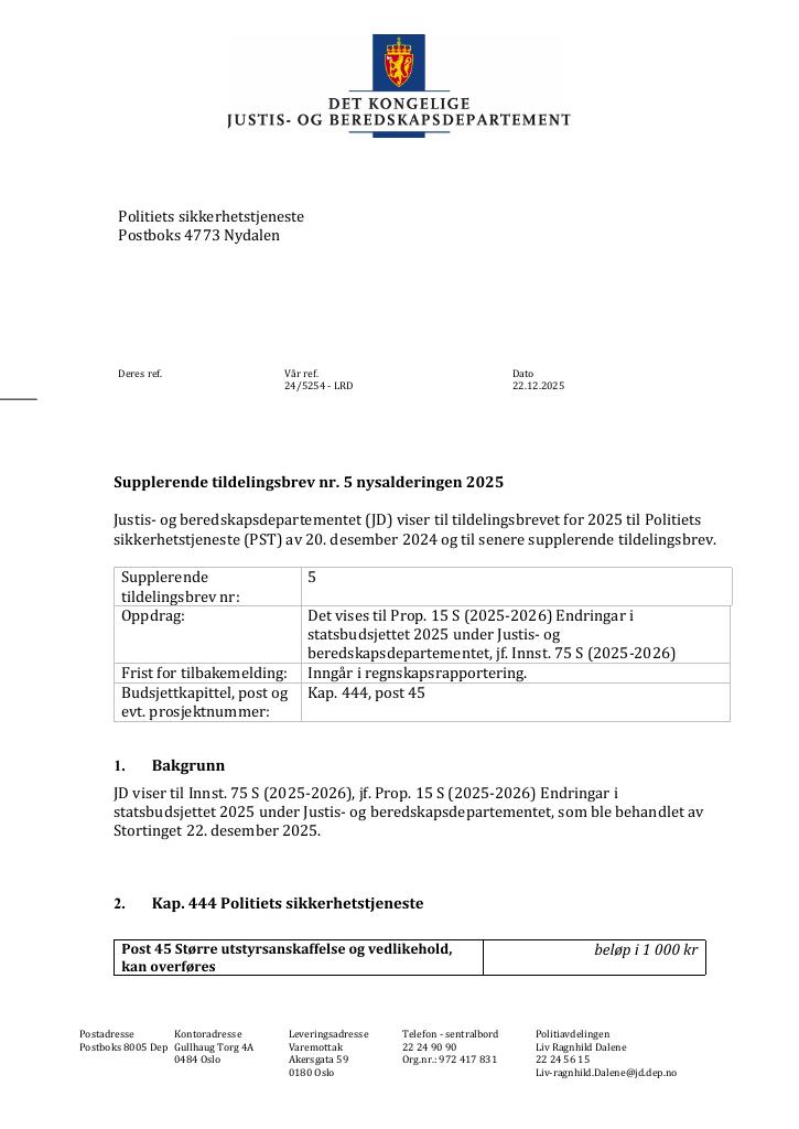 Forsiden av dokumentet Tildelingsbrev Politiets sikkerhetstjeneste 2025 - tillegg nr. 5