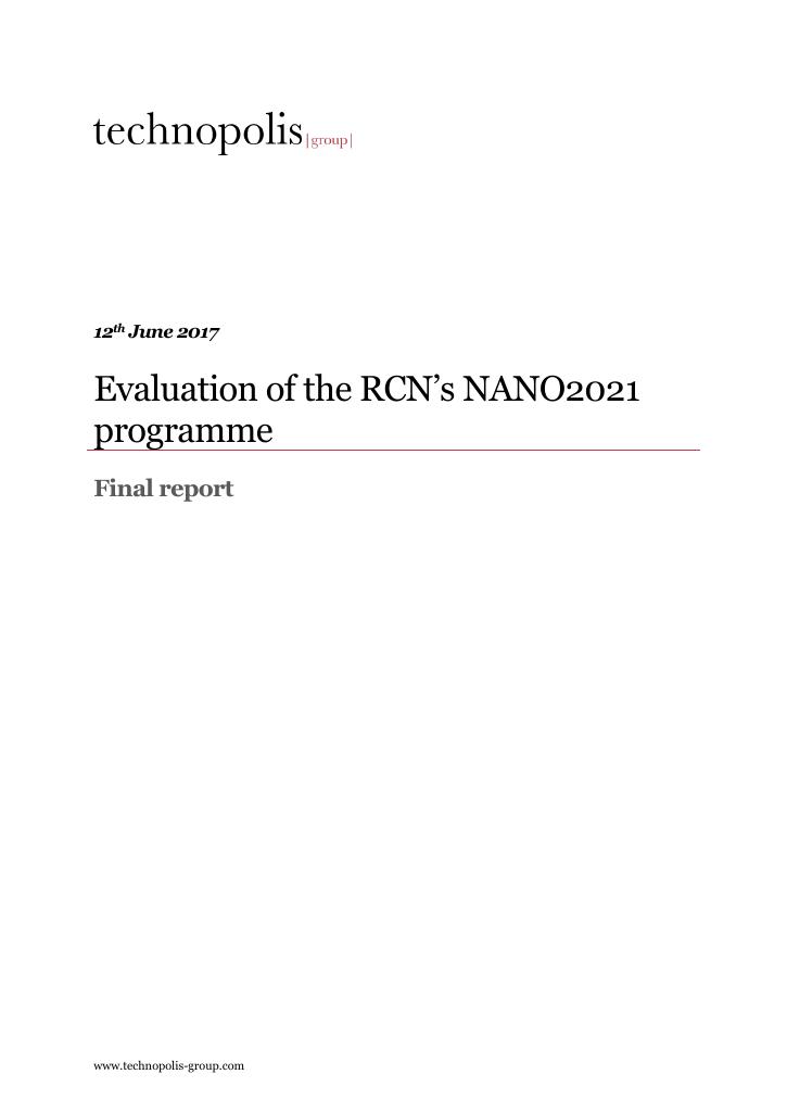 Forsiden av dokumentet Evaluation of the RCN’s NANO2021 programme